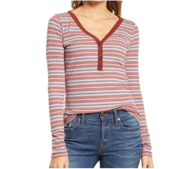 Madewell Fine Ribbed Henley Striped Long Sleeve Top Size XXS - Picture 1 of 9